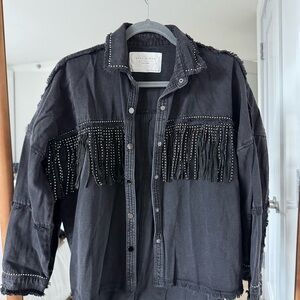Fringed Studded Black Denim Jacket